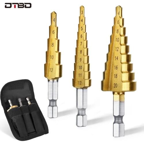 3Pcs/set 3-12mm 4-12mm 4-20mm HSS Straight Groove Step Drill Bit Titanium Coated Wood Metal Hole Cutter Core Drilling Tools Set