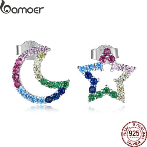 BAMOER Silver Rainbow Star Moon Earrings 925 Sterling Silver Colorful CZ Earring Gentle Gift for Women Statement Jewelry BSE481