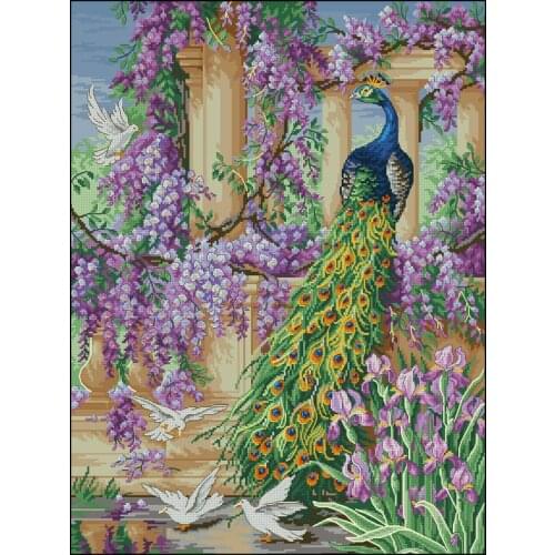 FREE delivery Top Quality popular counted cross stitch kit peacock and lilac iris phenix and dove pigeon in garden