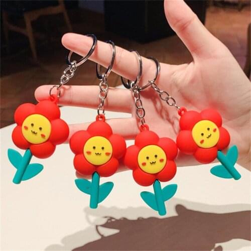 Colorful PVC Smile Sunflower Keychain Women Girl Cute Sunshine Smile Flower Key Chain Bag Pendant Charms Keyfob