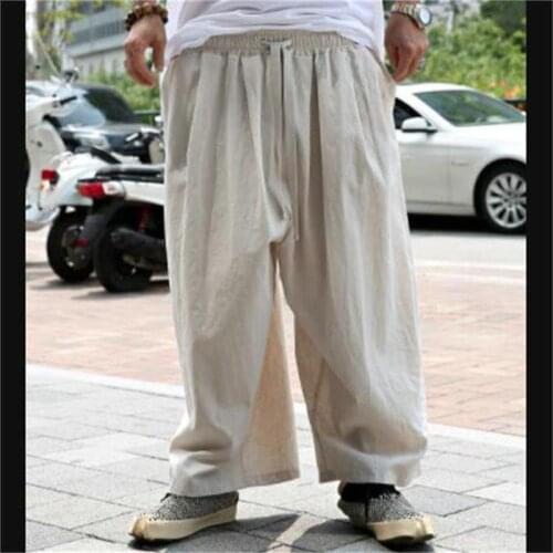 2021 summer mens new solid color lace up loose fashion cotton linen wide leg pants casual pants linen straight pants