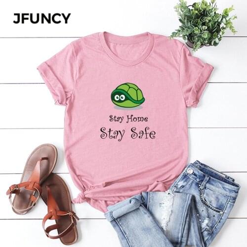 JFUNCY Funny Stay Home Stay Safe Cotton Summer T Shirt Women Short Sleeve T-shirt Female Tees Plus Size Casual Lady Basic Tops