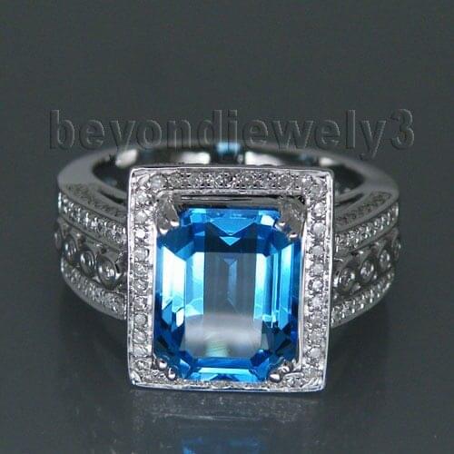Solid 14kt White Gold Blue Topaz Diamond Ring Vintage Emerald Cut 8x10mm