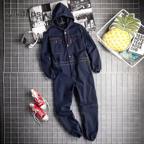 Work Overalls Jumpsuit For Men Denim Jeans Pants Long Sleeve Hooded Suit One Piece Jumper Autumn Winter Casual Workwear Clothes
