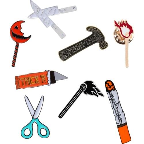 Tool Icons Creative Strange Brooches Hammer Fire Knife Demon CigaretteEnamel Pins Clothes Lapel Pin Men Women Bag Badges Jewelry