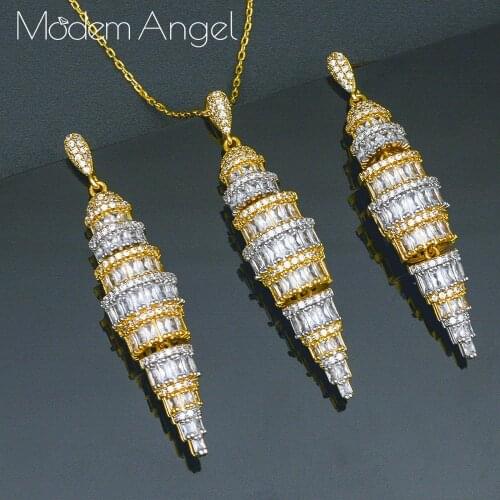 ModemAngel LONG TASSEL DROP 2PC Nigerian Necklace Earring Jewelry Set For Women Cubic Zircon Indian Dubai Bridal Jewelry Sets