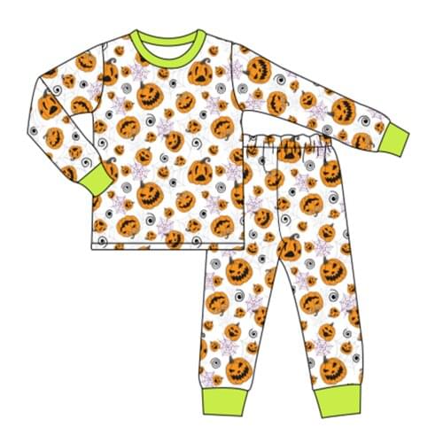 Fashionable Pure Cotton Baby Boy Pajamas Green Neckline And Cuffs Pumpkin Print Long Sleeves And Trousers Children Clothing