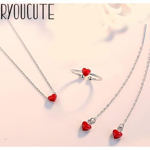Fashion Bridal Jewelry Sets Silver Color Red Heart Necklaces Rings Earring For Women Party Gifts