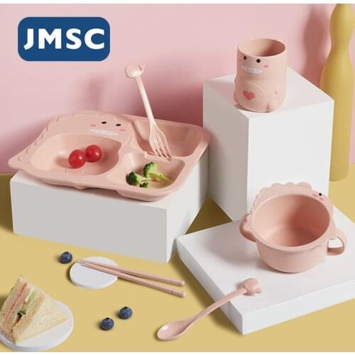 JMSC Baby Dinosaur Tableware Set 6Pcs Kids Dinner Bamboo Training Bowl Cup Spoon Plate Fork Drop-Resistant Feeding Dishes Gadget