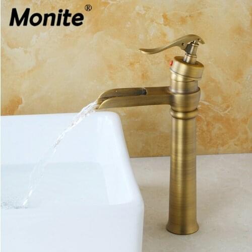 Monite New Antique Brass Solid Brass Bathroom Basin Sink Mixer Tap Basin Faucet Deck Mounted Waterfall Faucet torneira Washbasin