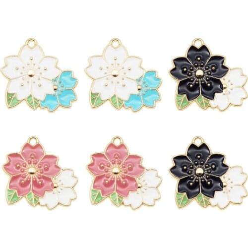 6pcs Mix Enamel cherry blossom Flower Charms Alloy Fashion Pendant for necklace earrings diy fashion bracelet 26*25mm Package