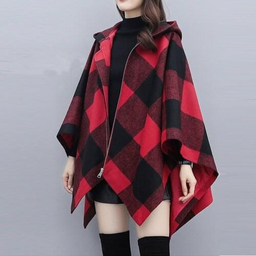 Autumn Winter Women Plaide Poncho Zipper Hooded Coat Capes Elegant Warm Overcoat Casual Ladies Irregular Ponchos Scarf