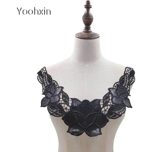 Luxury flower Black PU embroidery DIY lace collar Fabric Sewing ribbon trim Applique neckline cloth dress craft Wedding textile