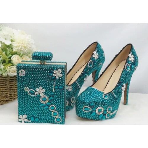 Crystal Party Dress Shoes With Handbag Teal Blue Women Wedding Shoes Bride Fashion High Heels Platform Shoes Round Toe Pumps