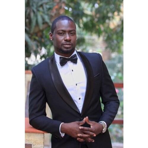 High Quality One Button Navy Blue Groom Tuxedos Shawl Lapel Groomsmen Mens Suits Blazers (Jacket+Pants+Tie) W:673