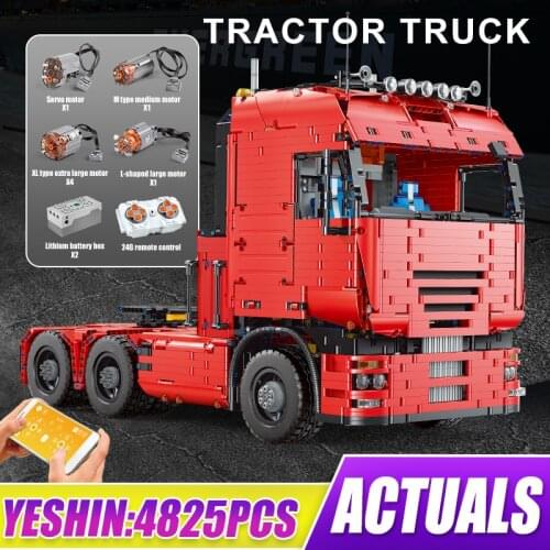 MOULD KING High-Tech RC Truck Toys MOC 2475 Engineering Container Tractor and MOC 10554 Trailer Drag Board Building Blocks Sets