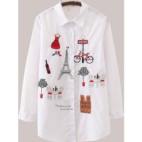 New White Women Blouse 19 Long Sleeve Cotton Embroidery Blouse Lady Casual Button Design Turn Down Collar Female Shirt 5083 50