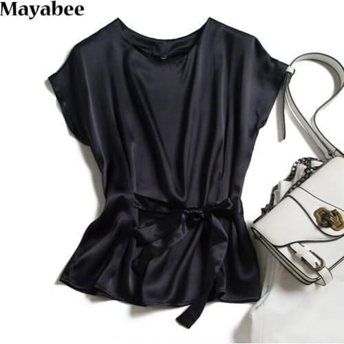 2021 Spring Summer New Arrival Round Neck Drop Shoulder Sleeve French Lace-Up Bowknot Silk Woman Blouse T-Shirt