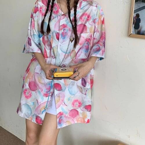 Summer Harajuku print loose personality chain square collar short sleeve shirt women