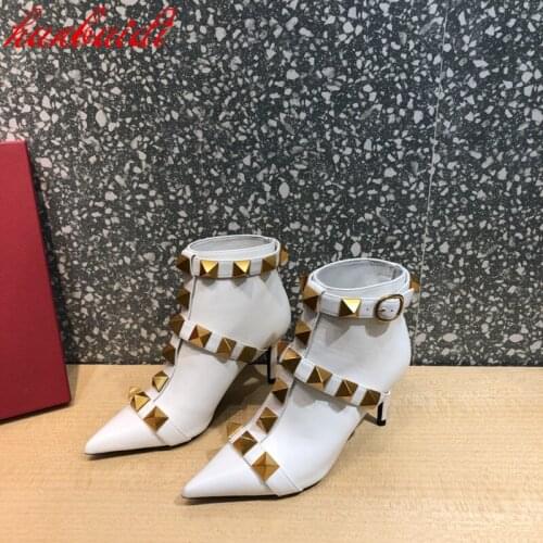High Heels Ankle Boots Women Autumn Genuine Leather Boots Sexy Pointed Toe Rivets Bordered Shoes Punk Style Casual Boots