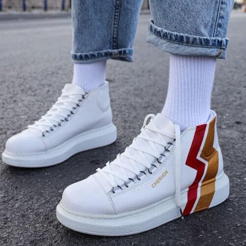 Chekich Womens Boots White Color Golden Red Flashs Pattern Artificial Leather 36-45 Size Lace Up Fall and Winter Season Ankle Unisex Shoes Men Comfortable Odorless Sneakers Sewing Base Yellow Lightnings CH263 Women V8
