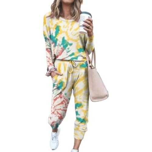 2Pcs Women Tie Dye Jogger Suit Long Sleeve Round Neck Pants Sleepwear Loungewear Cargo Pants Pullover Blouse Shirt Two Piece Set