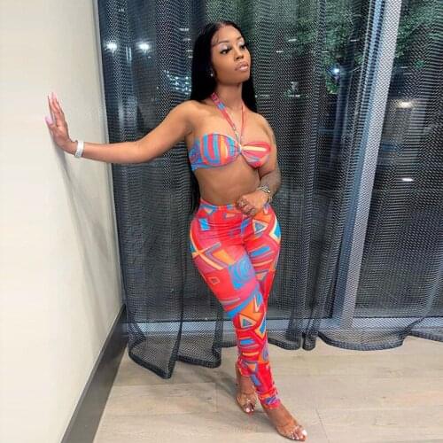 Women Summer Sexy Hollow Out Halter Camisole Top and Trousers Two Piece Set Casual Stretch Slim Female Skinny Club Tracksuit