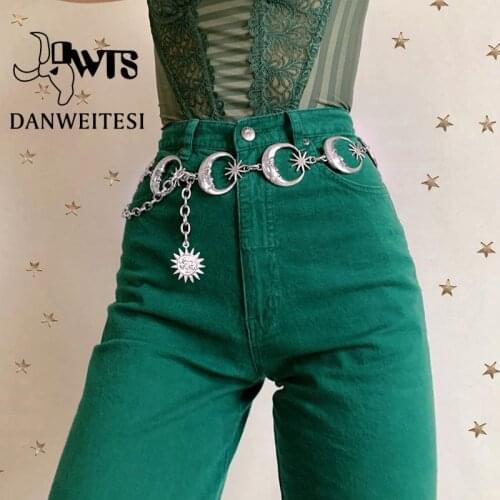 [DWTS] Women Belt Femal Belt Waist Chain Women Vintage Party Dark Fashion Punk Metal Gothic Moon Sun Sliver Pendant Chain