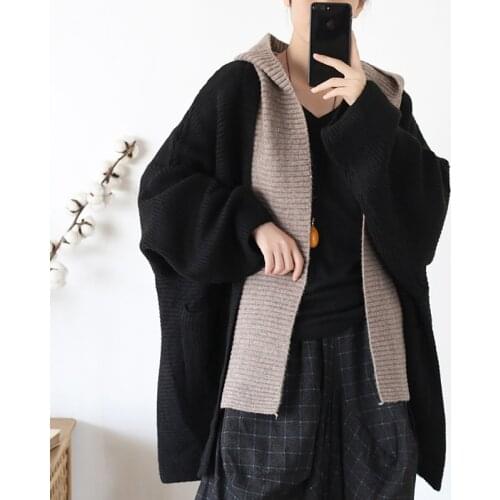Johnature Patchwork Hooded Sweaters Cardigan For Women 2021 Autumn New Bat Sleeve Vintage Women Cloths Fall Knitted Sweaters