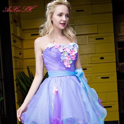 AXJFU purple lace flower evening dress short studio theme annual performance flower evening dress 100% Real Pictures