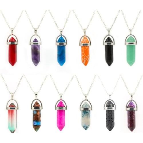 12pcs Hexagonal Crystal Natural Stone Pendant Necklace Color Shipped Randomly