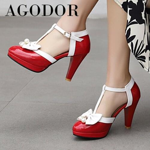 AGODOR T-Strap Extreme High Heels Women Shoes Platform Block Heel Pumps Bow Buckle Dress Footwear Ladies Spring Pink Big Size 48