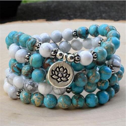 8mm Blue Turquoise Howlite 108 Beads Gemstone Mala Necklace Chakra Spiritua Prayer Classic Religious Buddhism Wristband