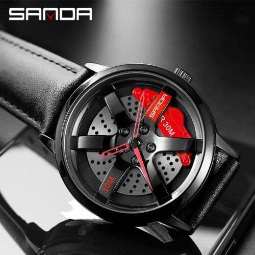 SANDA Top Brand New Men Wristwatch Fashion Wheel Dial Leather Strap Waterproof Watch Premium Quartz Movement Rim Hub Watches