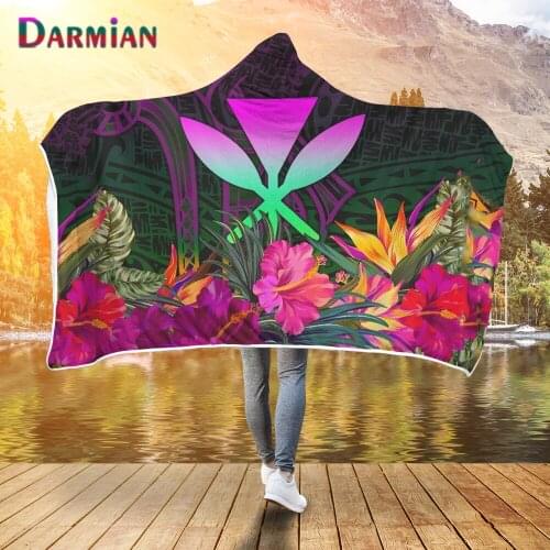 DARMIAN Kanaka Maoli Hawaiian Hibiscus Printed Fleece Throw Blankets with Hat Home Bedding Sheet Plush Flannl Hooded Blankets