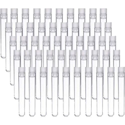 50pcs/pack 12x100mm Transparent Plastic Round-bottom Tube Sample Bottle, Office Laboratory Experiment Supplies with Lid