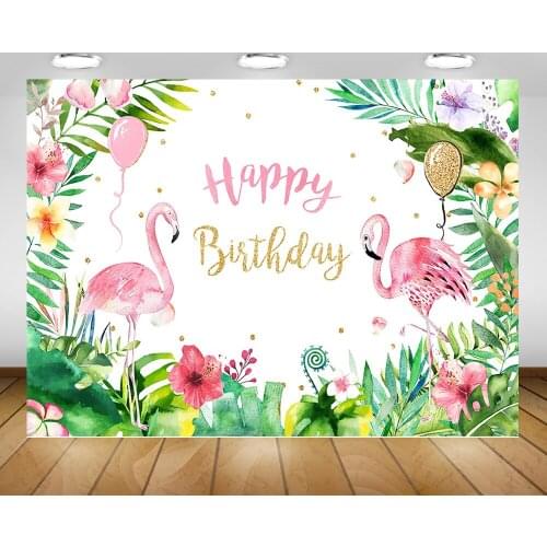 Flamingo Happy Birthday Photography Backdrop Jungle Tropical Forest Photo Background Green Leaf Flowers Balloons Lets Flamingle