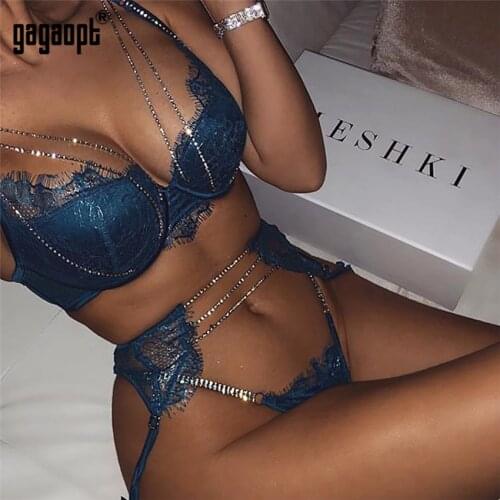 Gagaopt Women Sexy Lingerie Lace Open Bra with Rhineston Set G-String Underwear Nightwear Bra & Brief 3 Pcs Sets