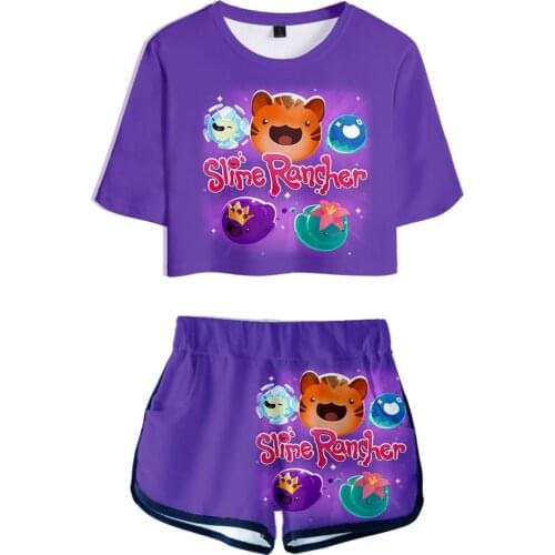 Anime Slime Rancher Clothes Girl Two Piece Set Summer Short Sleeve Crop Top+Shorts Harajuku Streetwear Simulation Game Women Set