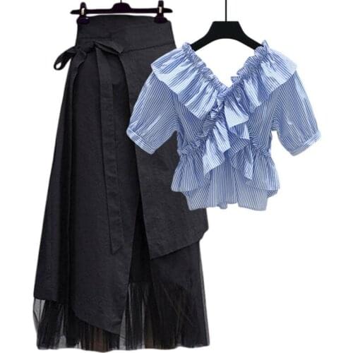 Fashion Summer Suit Womens Clothing 2021 New Style Western-Style Blouse Covering Belly Slimming Dress Plus Size Two Piece Sets