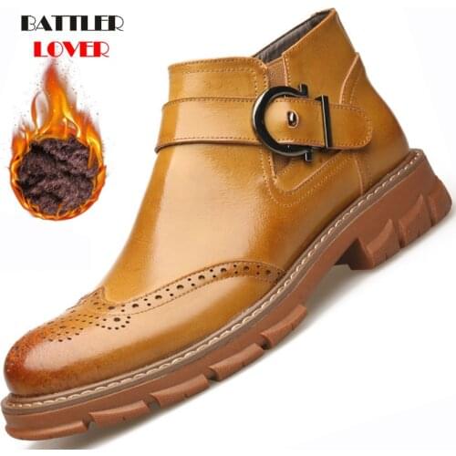 Autumn Winter Fleece Shoes Men Brogue Boots Genuine Leather Shoes Warm Plush for Cold Winter Men Ankle Boot Cow Leather Footwear