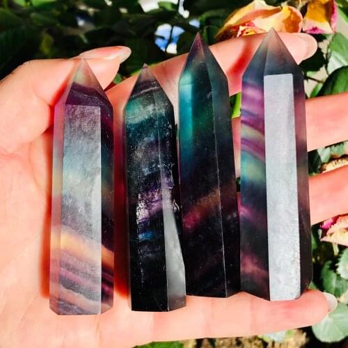 Natural Fluorite Crystal Colorful Striped Point Healing Hexagonal Wand Treatment Stone