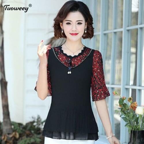 Autumn Spring Korea Shirts Blusas Elegant plus size mom Shirt Women Office Bottom Vintage Floral Print Top O Neck Chiffon Blouse