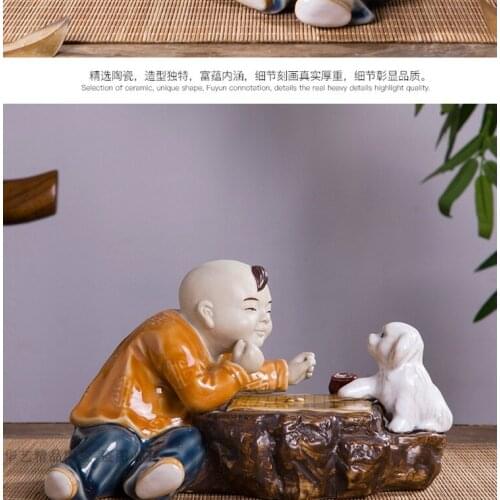 Rare old SHIRAN KILN Kid teasing dog porcelain statue