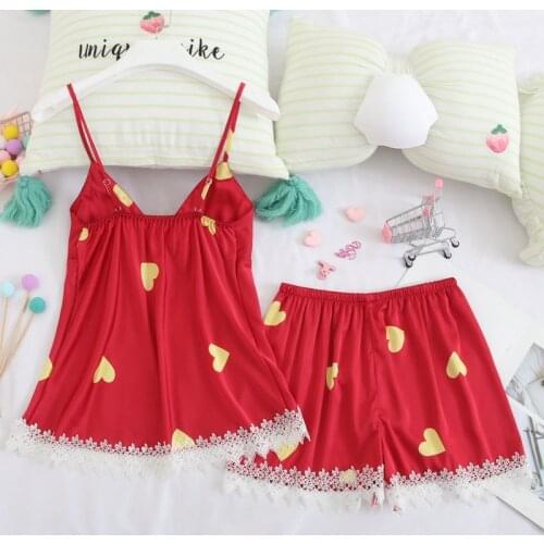 V-neck sexy suspender shorts pajamas two-piece set, ice silk home service, spring and summer cute Heart print pyjamas