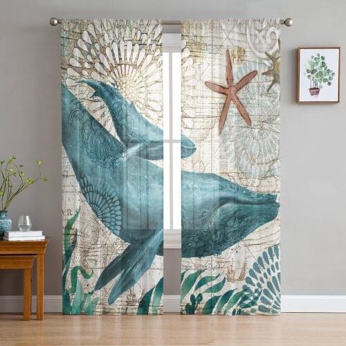Whale Ocean Creature Landscape Sheer Curtains for Living Room Modern Voile Curtain Bedroom Tulle Curtains Window Drapes Decor