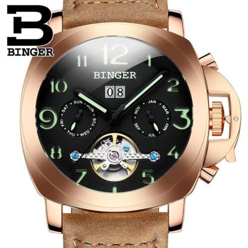 Switzerland Luxury Brand Mens Watch BINGER Automatic Mechanical Wristwatches Multifunctional Military Stop Skeleton B1169-3