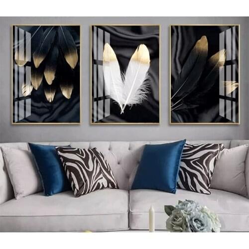 Modern Black White Gold Feather Canvas Painting Nordic Poster and Prints Wall Art Pictures for Living Room Home Decor No Frame