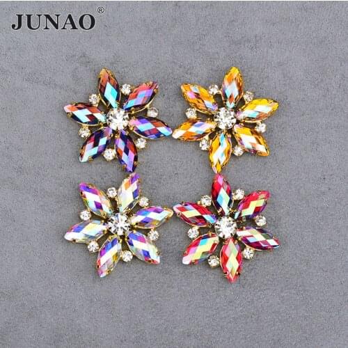 JUNAO 2pcs 36mm Sewing Red AB Crystals Flower Rhinestones Resin Strass Appliques Flatback Gold Claw Crystal Stone for Clothes