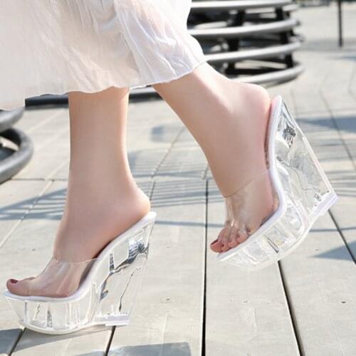 Sexy high heel 14cm shoes slippers waterproof sandals outdoor casual design transparent wedge nightclub slippers